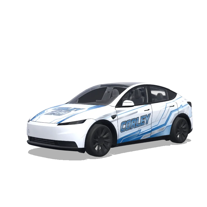Tesla Model Y (2025+) wrap design - White with cool designs that say Corley 20