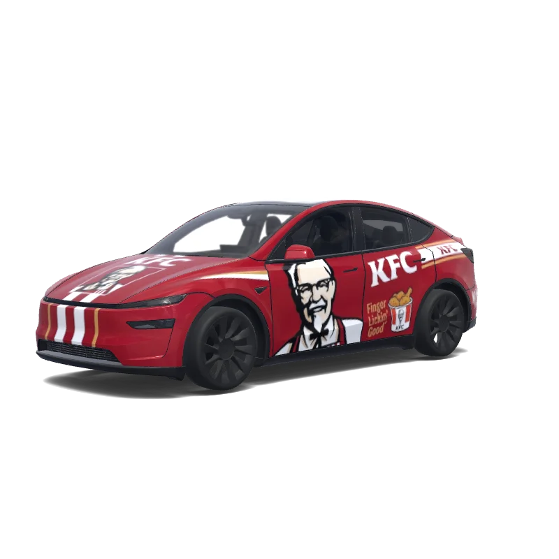 in KFC style with Sanders on doors. Colors: red.