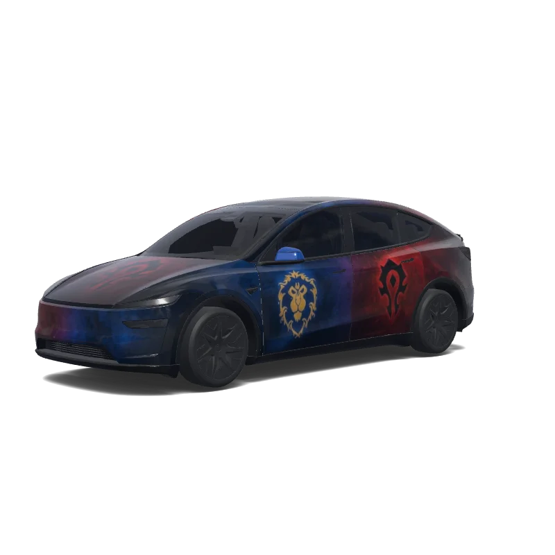 Tesla Model Y L wrap design - 前盖用部落ogo,后盖是联盟logo,不是魔兽世界logo,后视镜一边是联盟蓝,一边是部落红