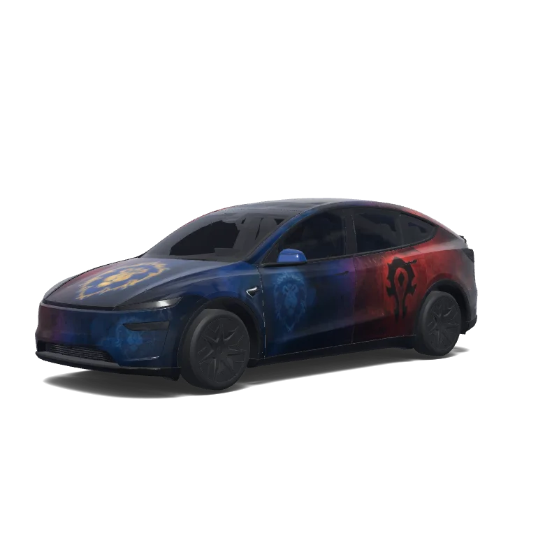 Tesla Model Y L wrap design - 前盖用联盟logo,后盖是部落logo,不是魔兽世界logo,后视镜一边是联盟蓝,一边是部落红