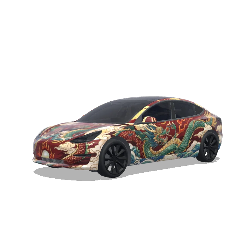 Tesla Model 3 with a Dragon wrap, 3D Paint Shop preview