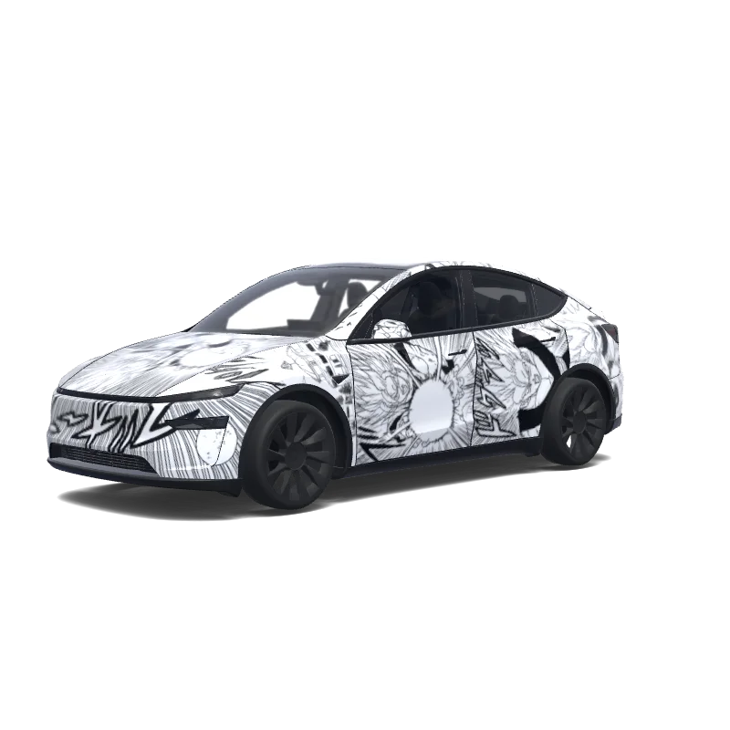 Tesla Model Y (2025+) with a Anime wrap, 3D Paint Shop preview