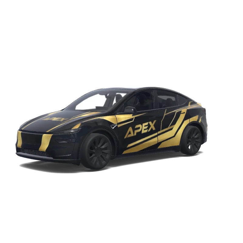 Tesla Model Y (2025+) with a APEX Black and Gold Racing wrap, 3D preview