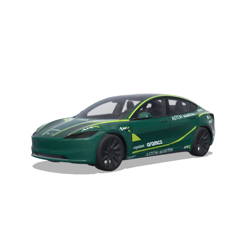 Tesla Model 3 (2024+) with a Aston Martin AMR26 Racing Green wrap, 3D preview