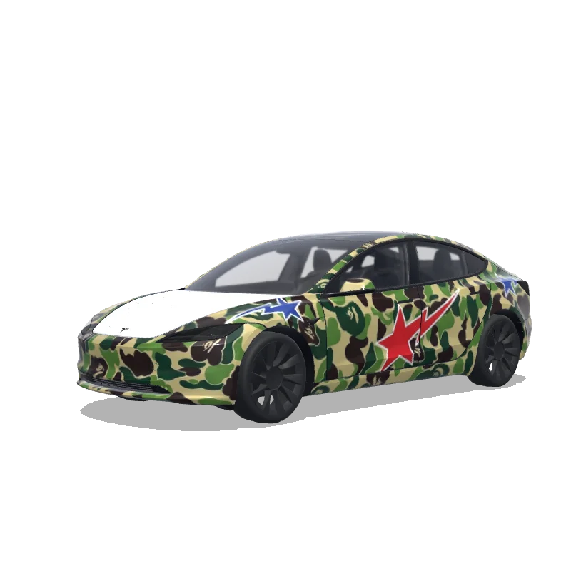 Tesla Model 3 (2024+) with a BAPE Green Camo with Shark Star wrap, 3D preview