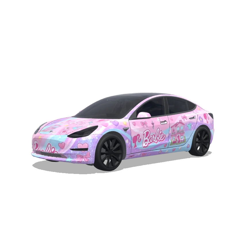 Tesla Model 3 with a Barbie Pastel Pink Doodles wrap, 3D preview