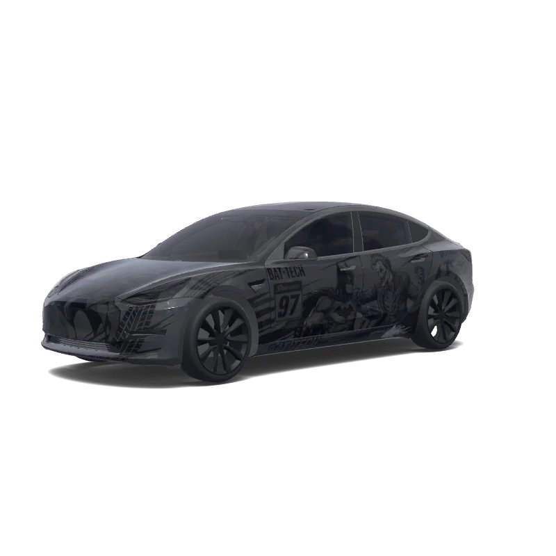 Tesla Model 3 with a Batman black wrap, 3D Paint Shop preview