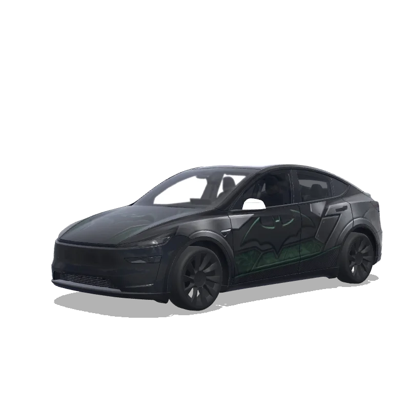 Tesla Model Y (2025+) with a Batman Logo Black Livery wrap, 3D preview