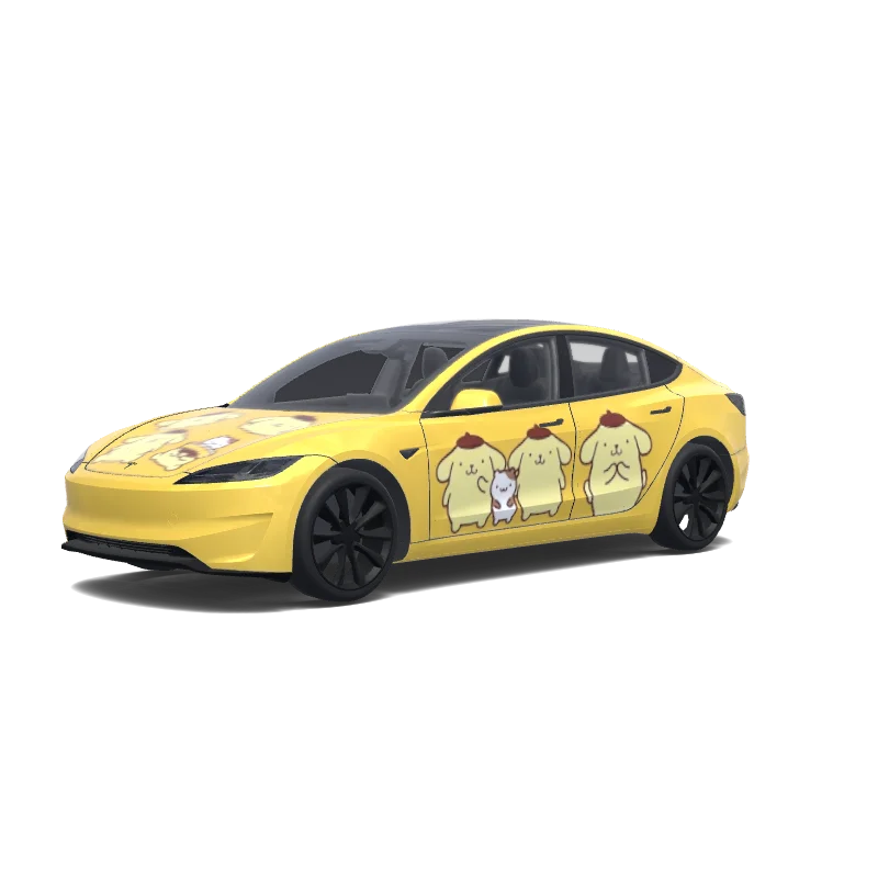Tesla Model 3 (2024+) wrap design - 布丁狗主題，只要引擎蓋．車門上有布丁狗，其餘部分使用黃色即可.