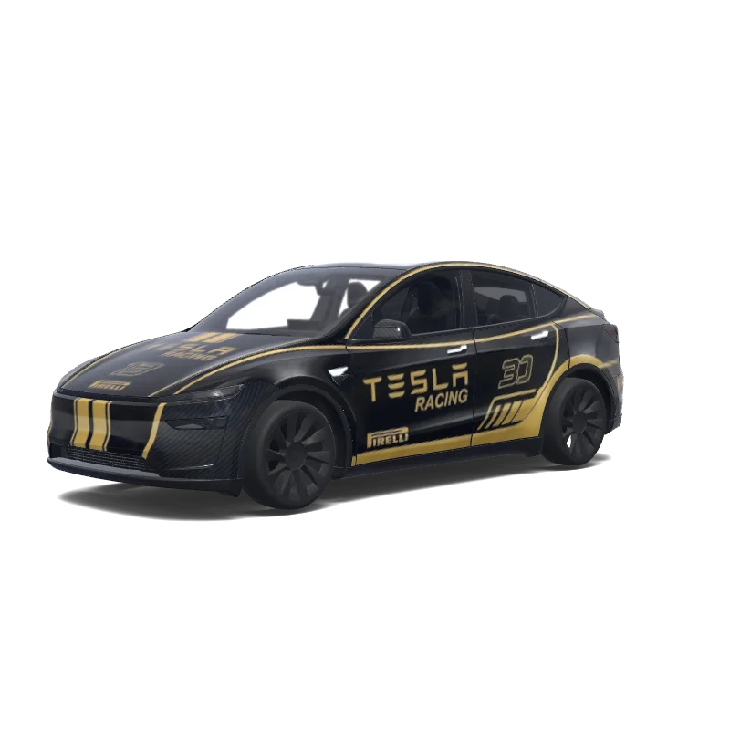 Tesla Model Y (2025+) with a Black and Gold Tesla Racing No. 30 wrap, 3D preview
