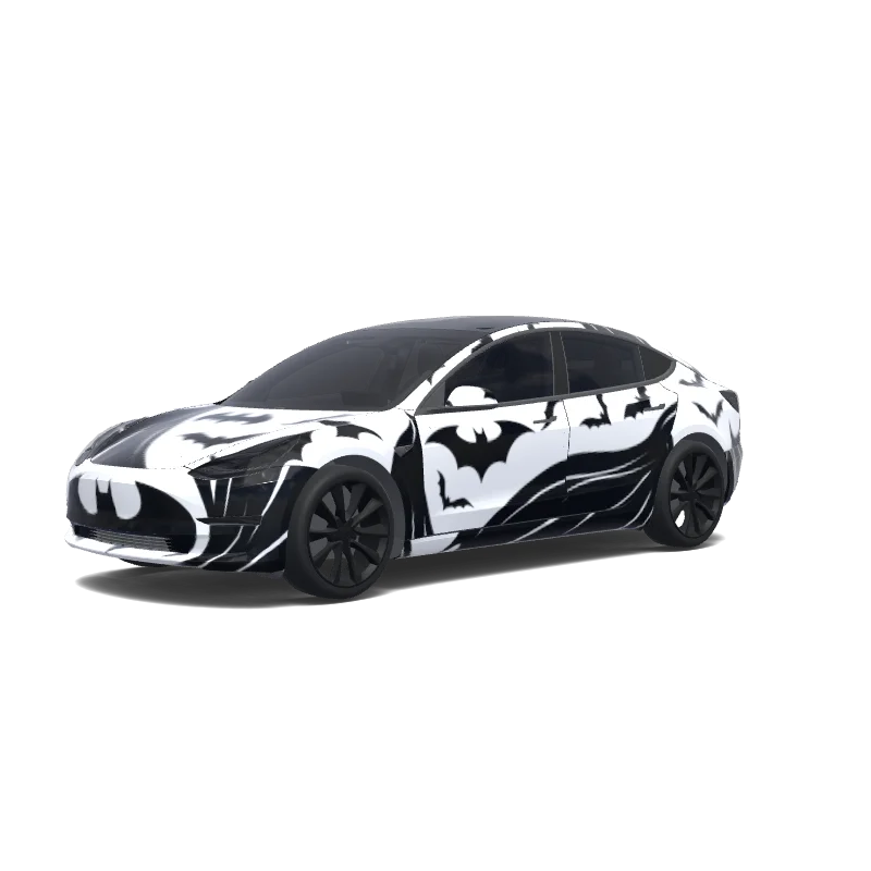 Tesla Model 3 with a Black and White Batman Bats wrap, 3D preview