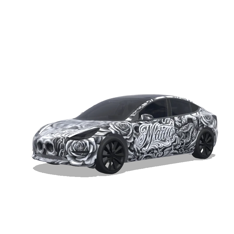 Tesla Model 3 with a Black and White Tattoo Art wrap, 3D preview