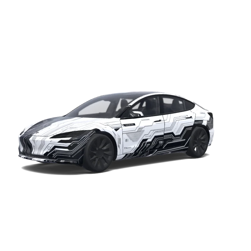 Tesla Model 3 (2024+) with a Black And White wrap, 3D preview