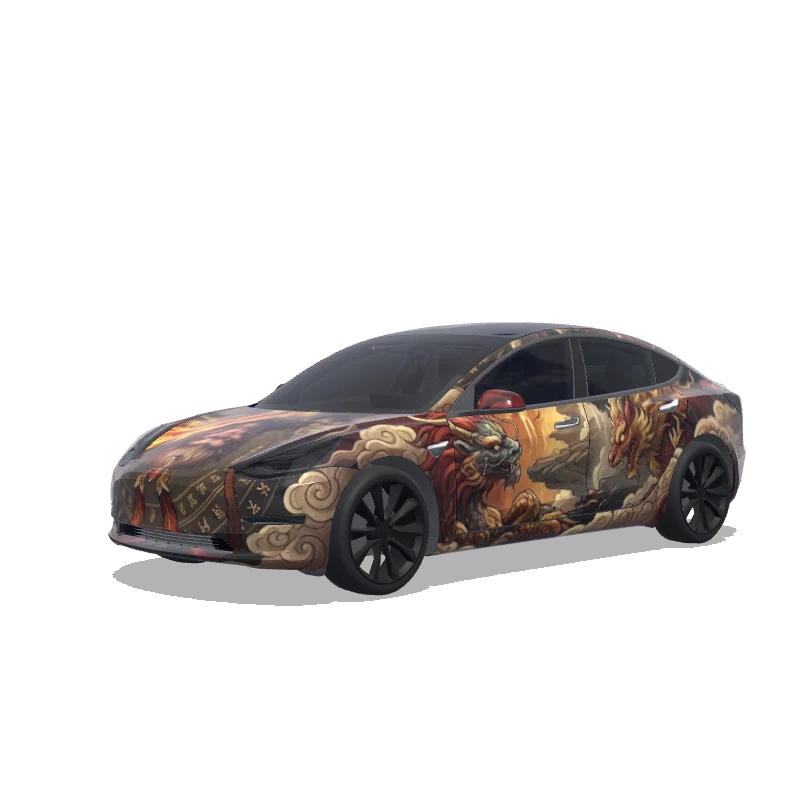 Tesla Model 3 with a Black Myth Wukong wrap, 3D preview