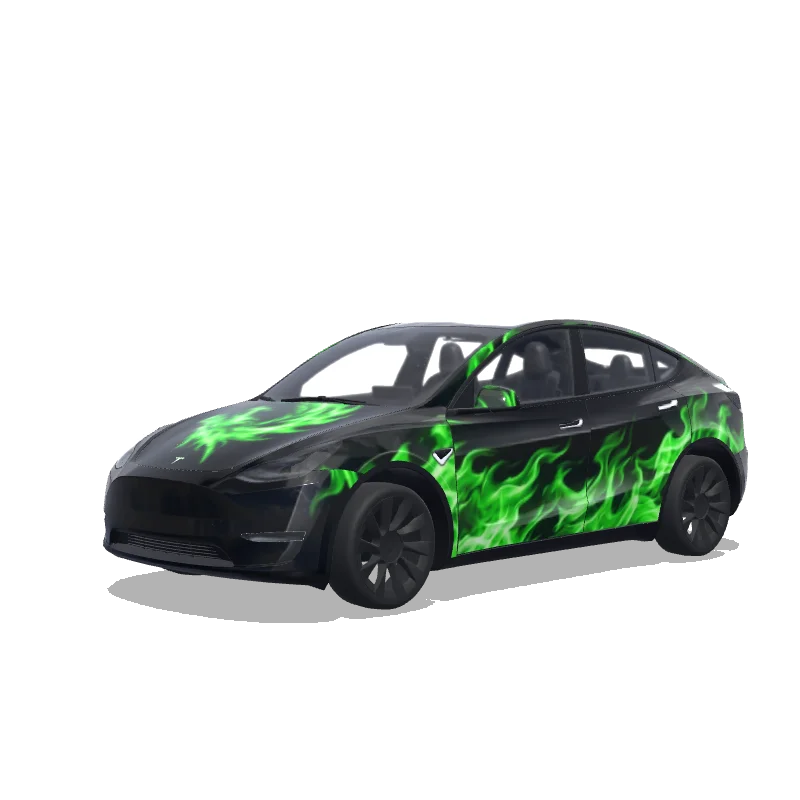 Tesla Model Y with a Black with Green Flame Dragon wrap, 3D preview