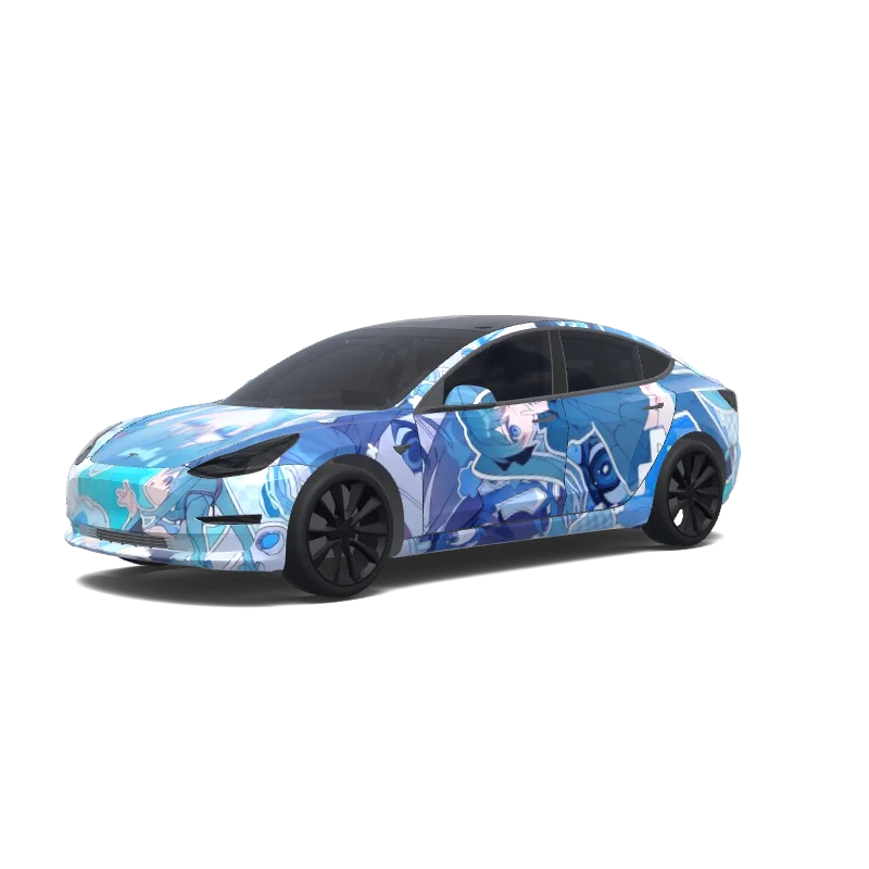 Tesla Model 3 with a Blue Anime Character Faces wrap, 3D preview