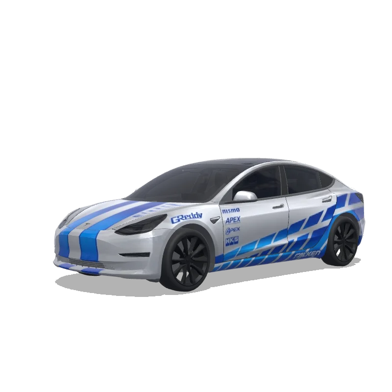 Tesla Model 3 with a Brian's R34 Skyline Blue Stripes wrap, 3D preview