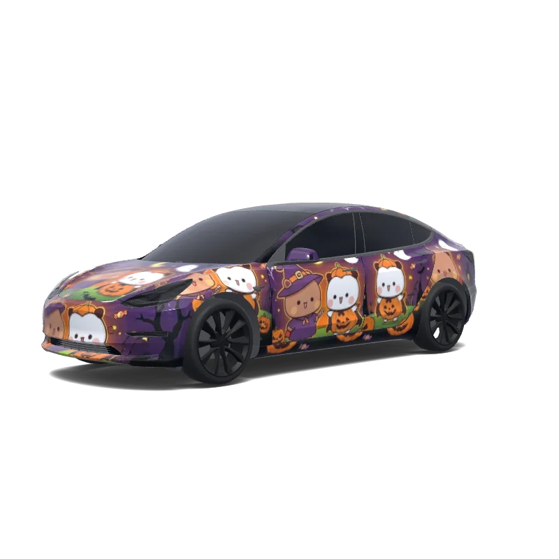 Tesla Model 3 with a Bubu Dudu Halloween Pumpkin Patch wrap, 3D preview