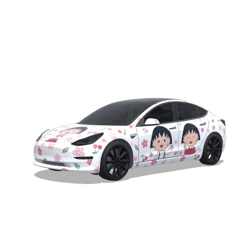 Tesla Model 3 with a Chibi Maruko-Chan with Cherries wrap, 3D preview