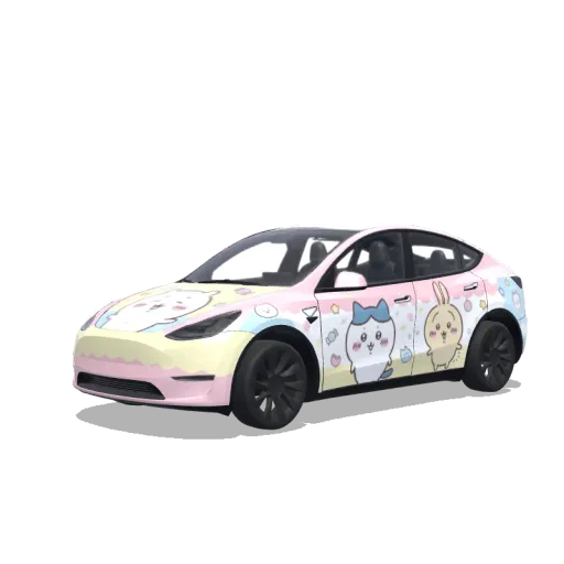 Tesla Model Y with a Chiikawa Characters wrap, 3D preview