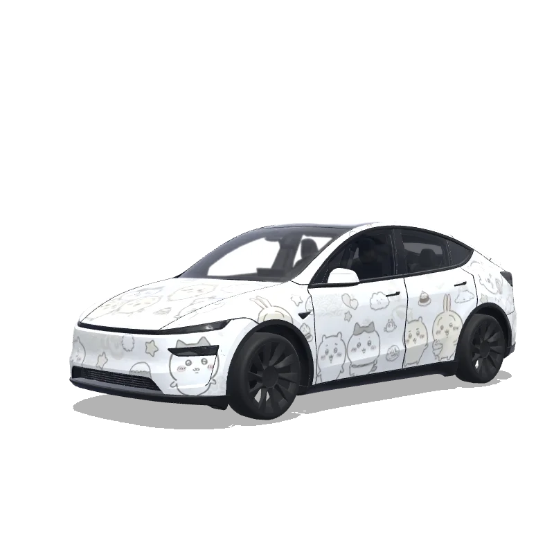 Tesla Model Y (2025+) with a Chiikawa Line Art on White wrap, 3D preview