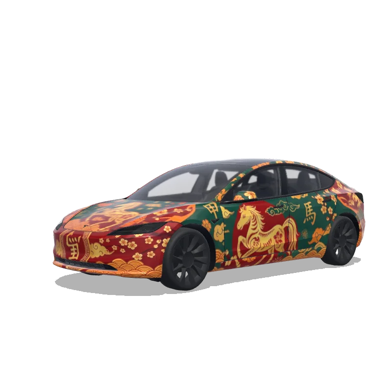 Tesla Model 3 (2024+) with a Chinese New Year Horse Gold and Green wrap, 3D preview