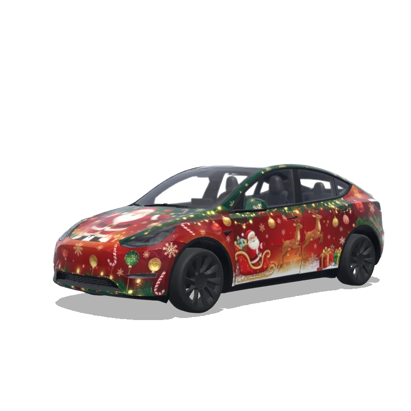 Tesla Model Y with a Christmas Golden Sleigh and Lights wrap, 3D preview