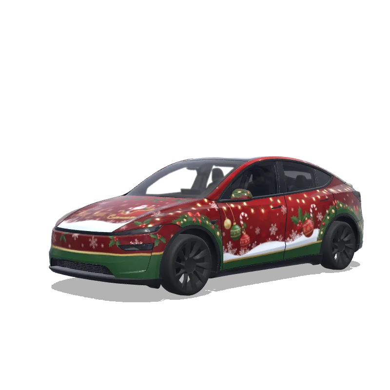 Tesla Model Y (2025+) with a Christmas Lights and Ornaments Red wrap, 3D preview