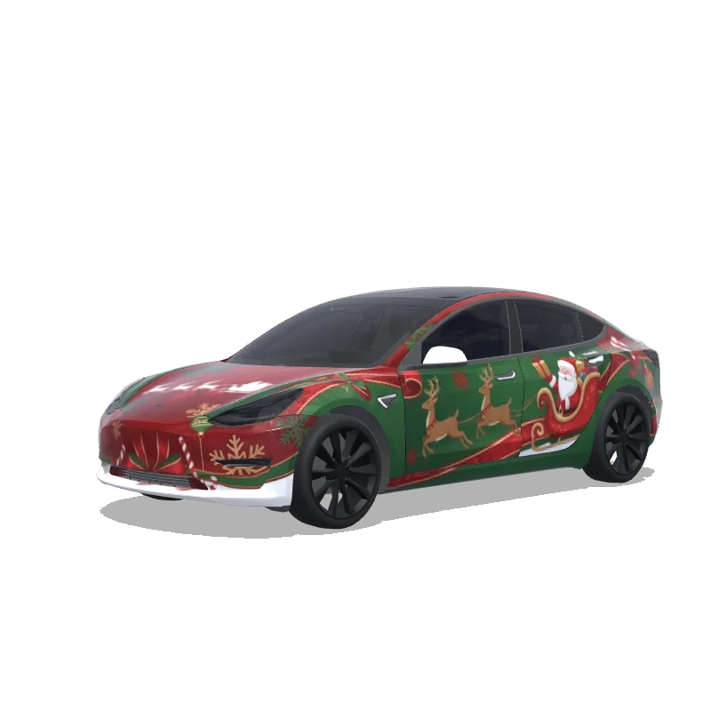 Tesla Model 3 with a Christmas Reindeer and Gold Ornaments wrap, 3D preview