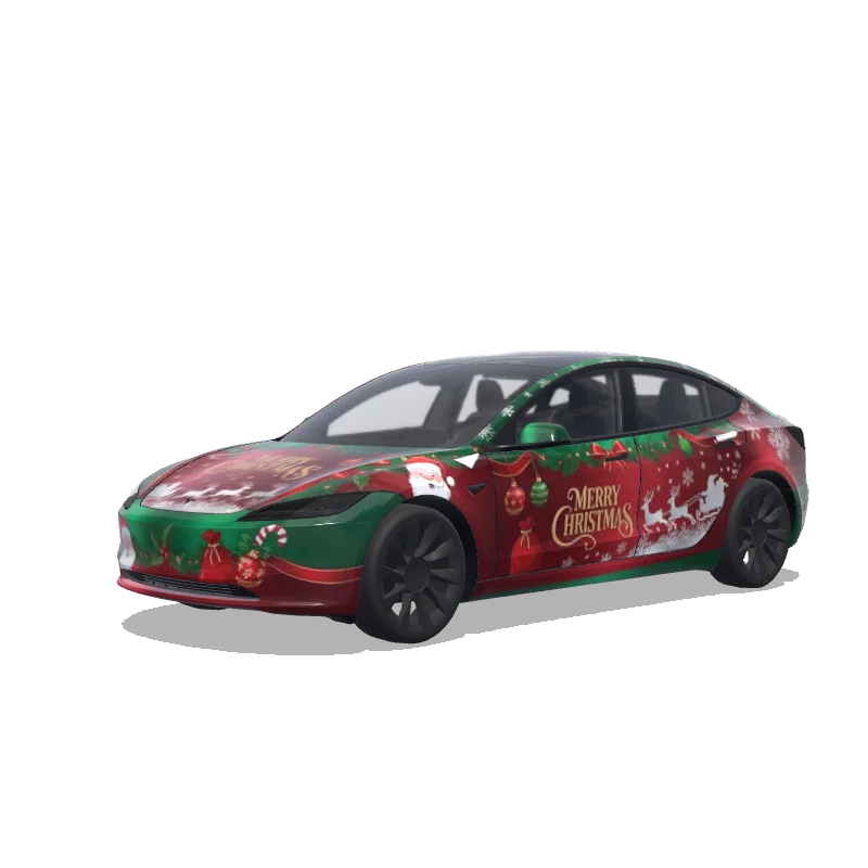 Tesla Model 3 (2024+) with a Christmas Reindeer and Snowflakes wrap, 3D preview
