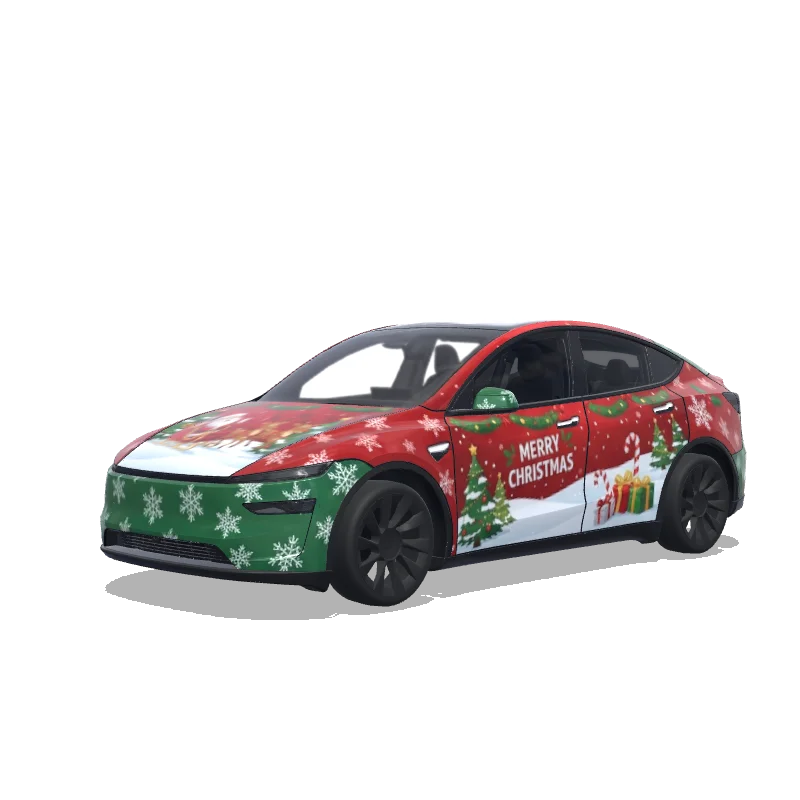Tesla Model Y (2025+) with a Christmas Reindeer and Snowflakes wrap, 3D preview