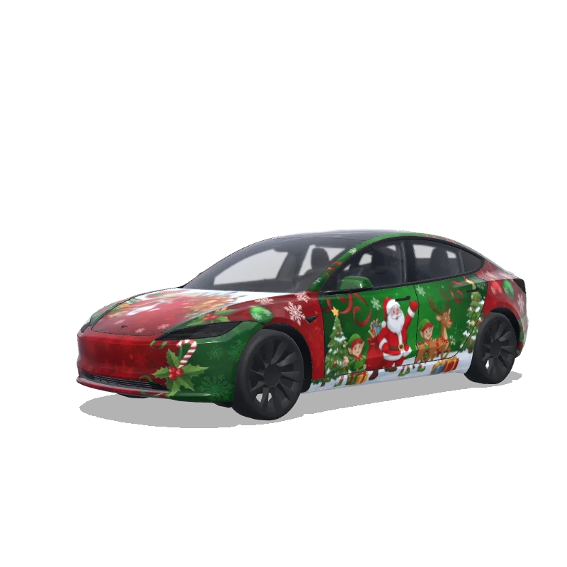 Tesla Model 3 (2024+) with a Christmas Santa and Elves wrap, 3D preview