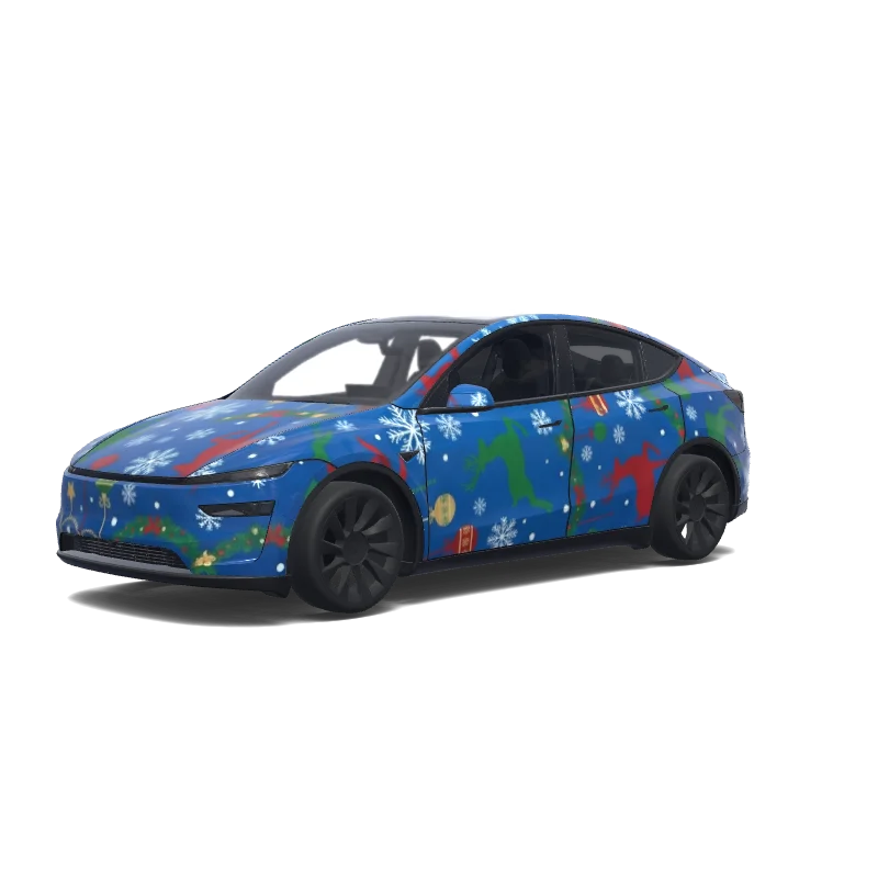 Tesla Model Y (2025+) with a Christmas Snowflakes on Blue wrap, 3D preview
