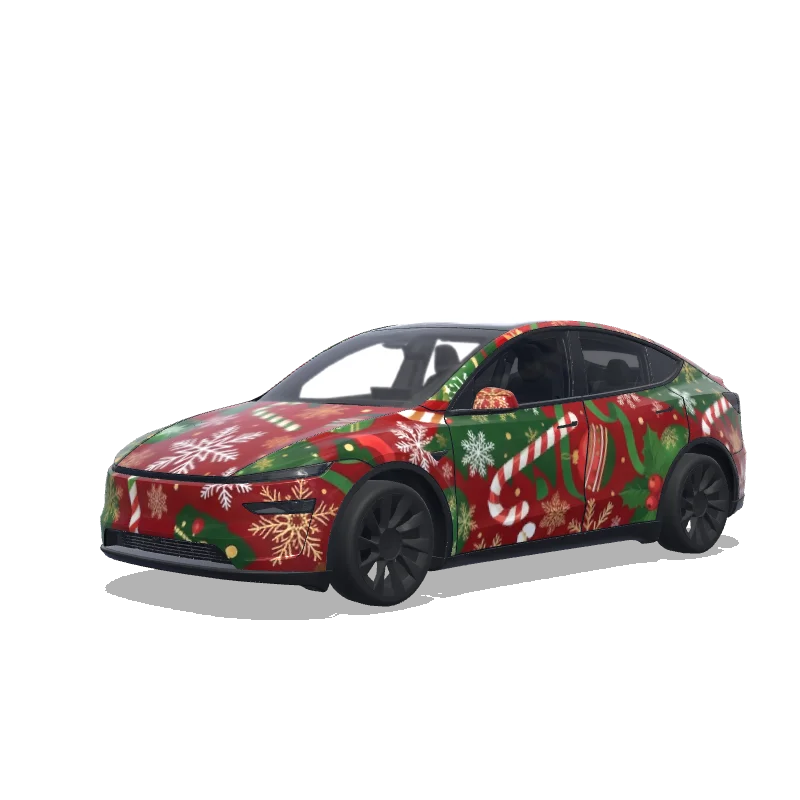 Tesla Model Y (2025+) with a Christmas Sweater Red and Green wrap, 3D preview