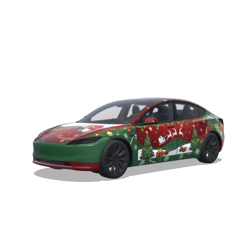 Tesla Model 3 (2024+) with a Christmas Village Night Green wrap, 3D preview