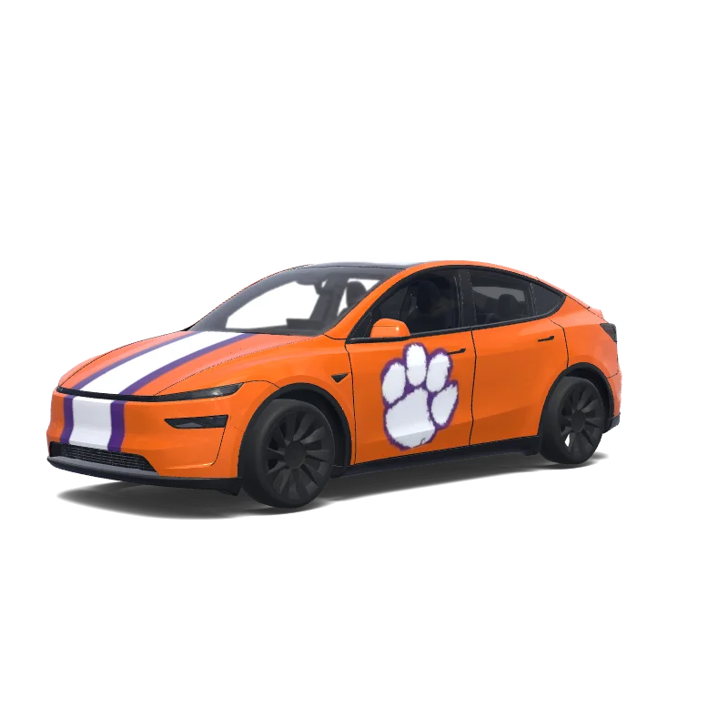 Tesla Model Y (2025+) with a Clemson Tigers Helmet wrap, 3D Paint Shop preview