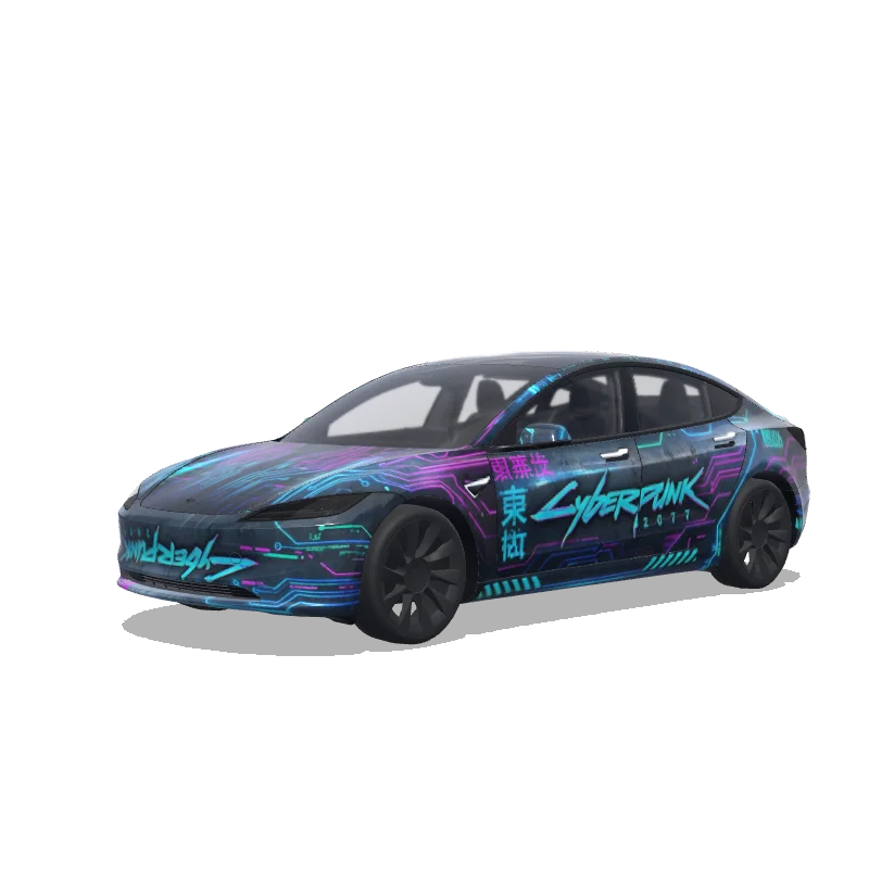 Tesla Model 3 (2024+) with a Cyberpunk wrap, 3D Paint Shop preview