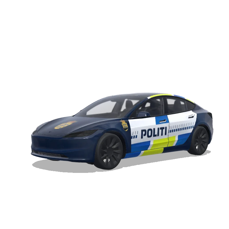 Tesla Model 3 (2024+) with a Danish Police Car Livery wrap, 3D preview