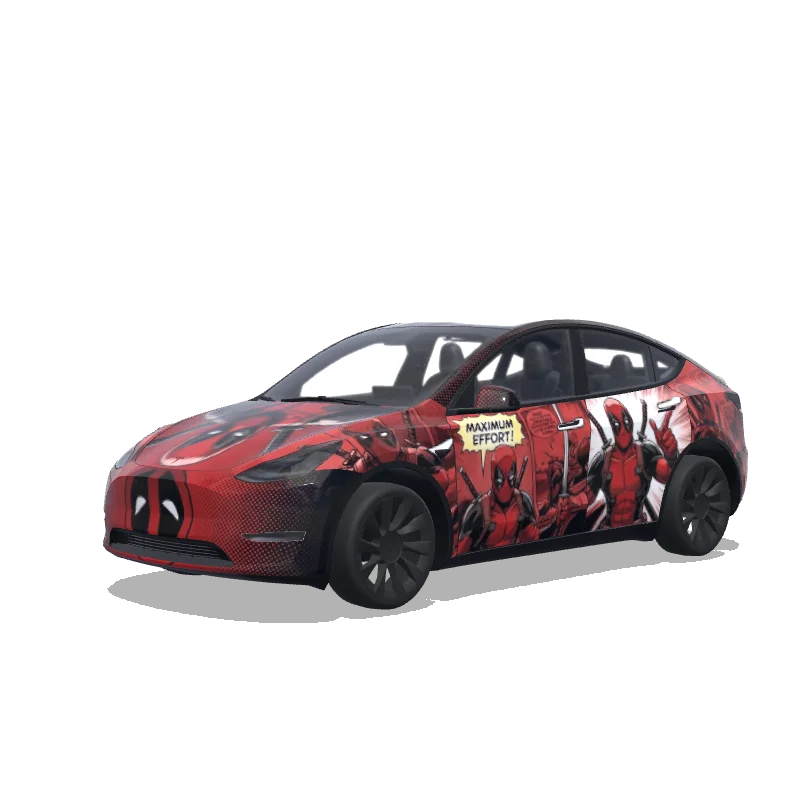 Tesla Model Y with a Deadpool Red and Black wrap, 3D preview
