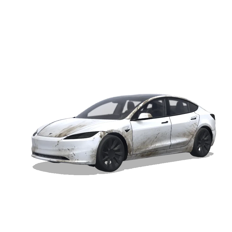 Tesla Model 3 (2024+) with a Dirty Rally White Gloss wrap, 3D preview