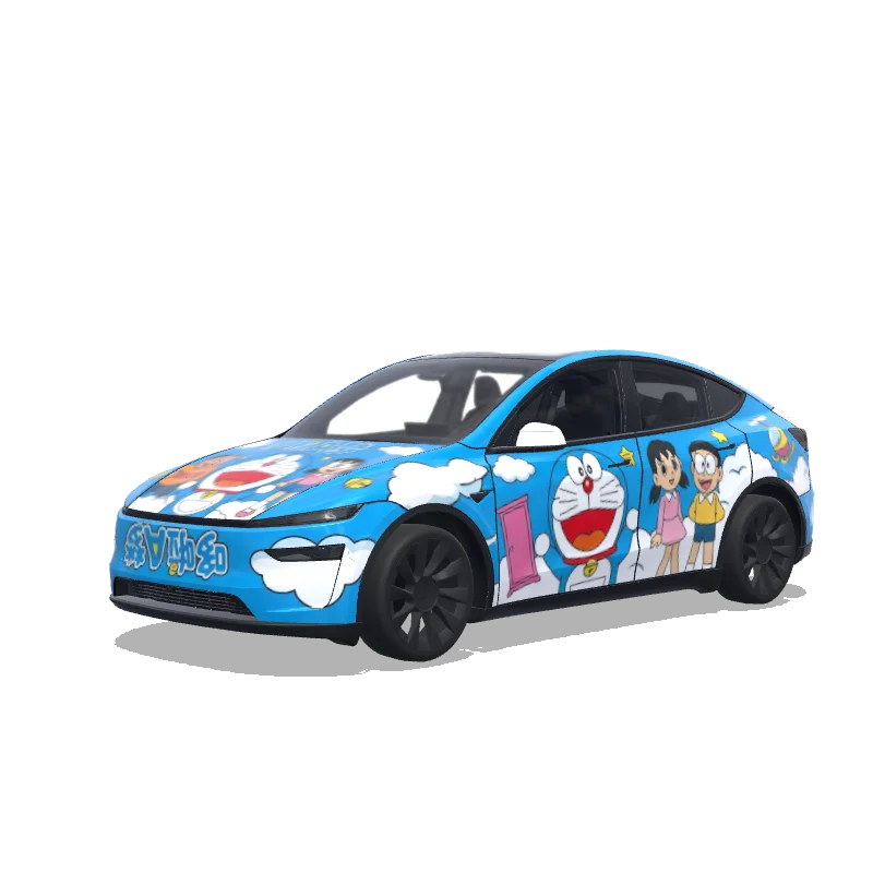 Tesla Model Y (2025+) with a Doraemon Blue Cartoon Collage wrap, 3D preview