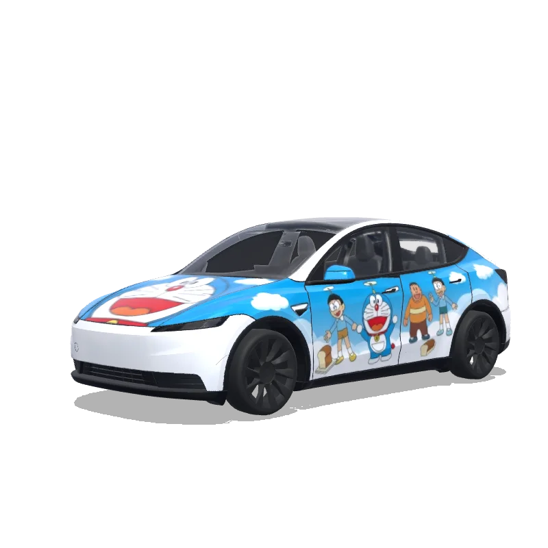 Tesla Model Y (2025+) with a Doraemon Blue wrap, 3D preview