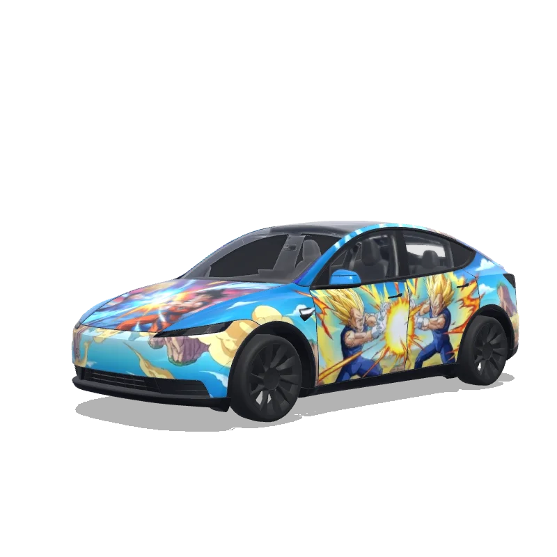 Tesla Model Y (2025+) with a Dragon Ball Anime Ink Style wrap, 3D preview