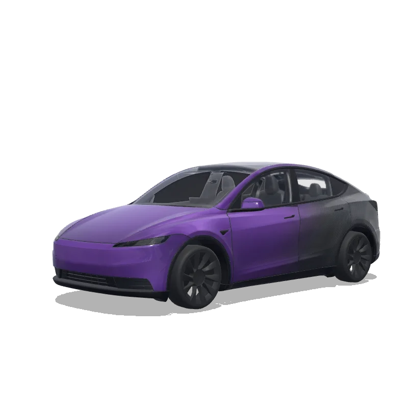 Tesla Model Y (2025+) wrap design - matte purple front fading smoothly to dark carbon-fiber black-gray rear.