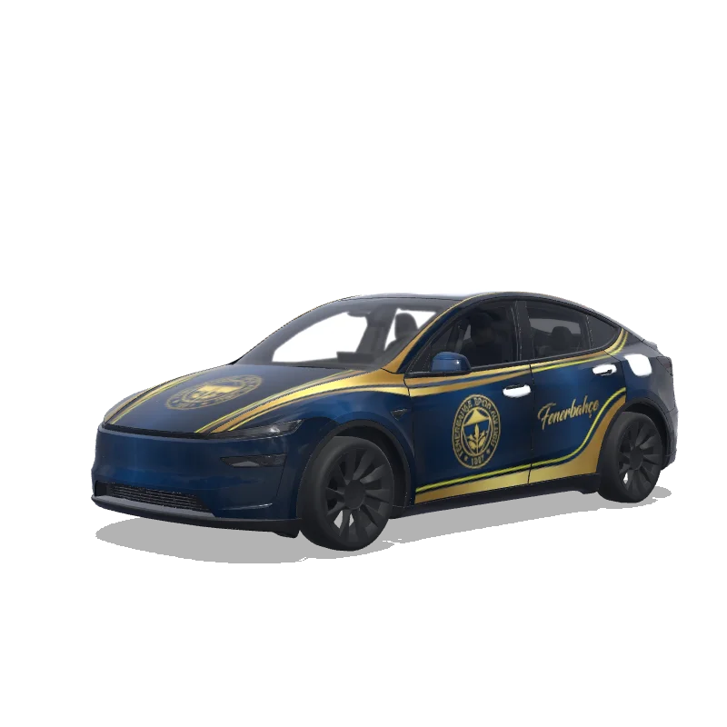 Tesla Model Y (2025+) with a Fenerbahçe Navy and Gold Stripes wrap, 3D preview