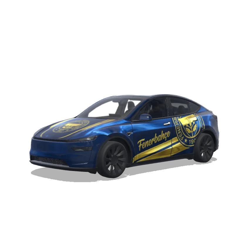 Tesla Model Y (2025+) with a Fenerbahçe Navy and Gold wrap, 3D preview