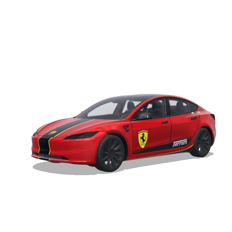 Tesla Model 3 (2024+) with a Ferrari Rosso Corsa wrap, 3D preview