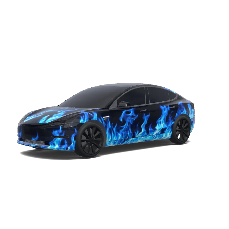 Tesla Model 3 with a Flames blue and black wrap, 3D preview