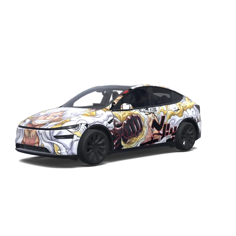 Tesla Model Y (2025+) with a Gear 5 Luffy Manga wrap, 3D preview