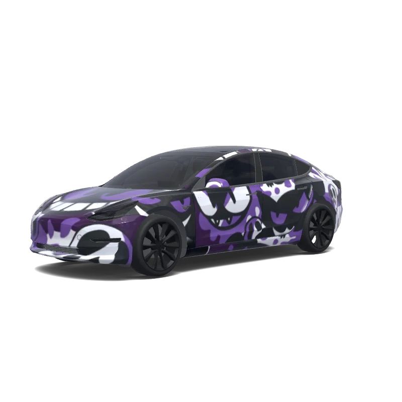 Tesla Model 3 with a Gengar Purple Ghost wrap, 3D preview